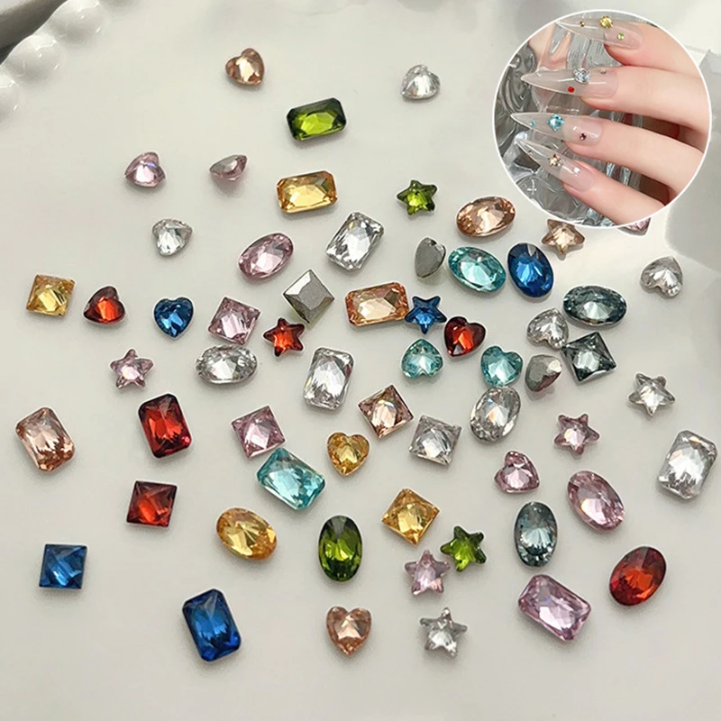 20Pcs Clear Nail Crystal Decoration Sparkling Ellipse Pigeon Egg Heart Five-Pointed Star Multi Cut Pile Diamond Accessories