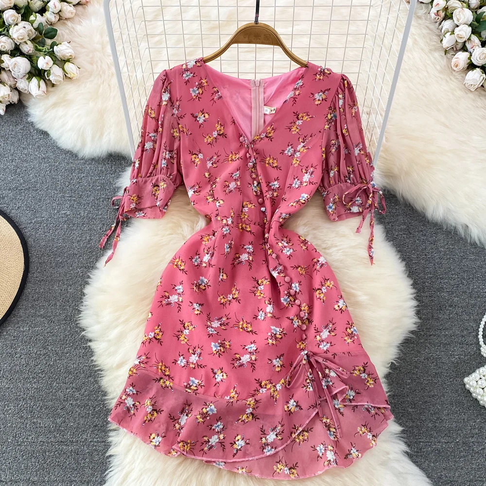 

Summer Age-reducing Sweet V-neck Bubble Short-sleeved Waist Slimming Drawstring A-line Ruffled Floral Chiffon Dress