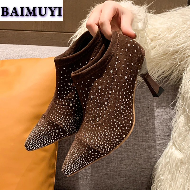 Женские ботильоны с кристаллами привлекательная обувь на высоком каблуке острым