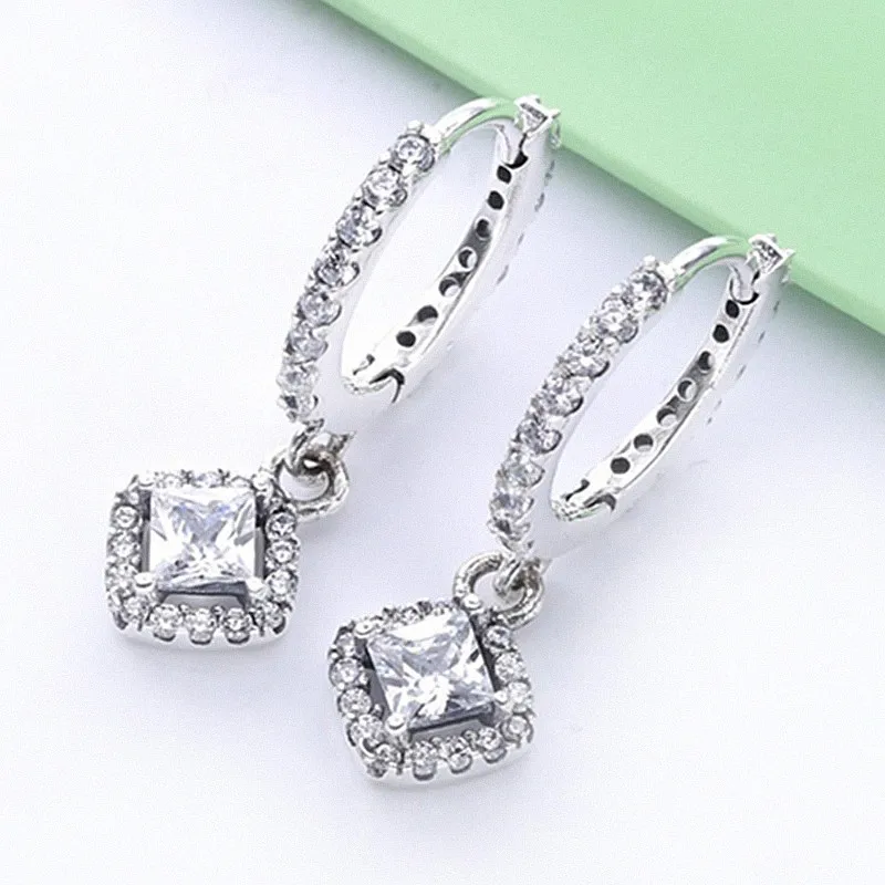 

Authentic 925 Sterling Silver Sparkling Square Sparkle With Crystal Hoop Earrings For Women Wedding Gift Fashion Jewelry