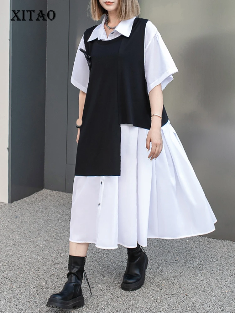 

XITAO Hong Kong Style Suit Dress 2023 Summer New Women Irregular Personality Fashion Short Sleeve 2 Piece Set Dress GJ0021