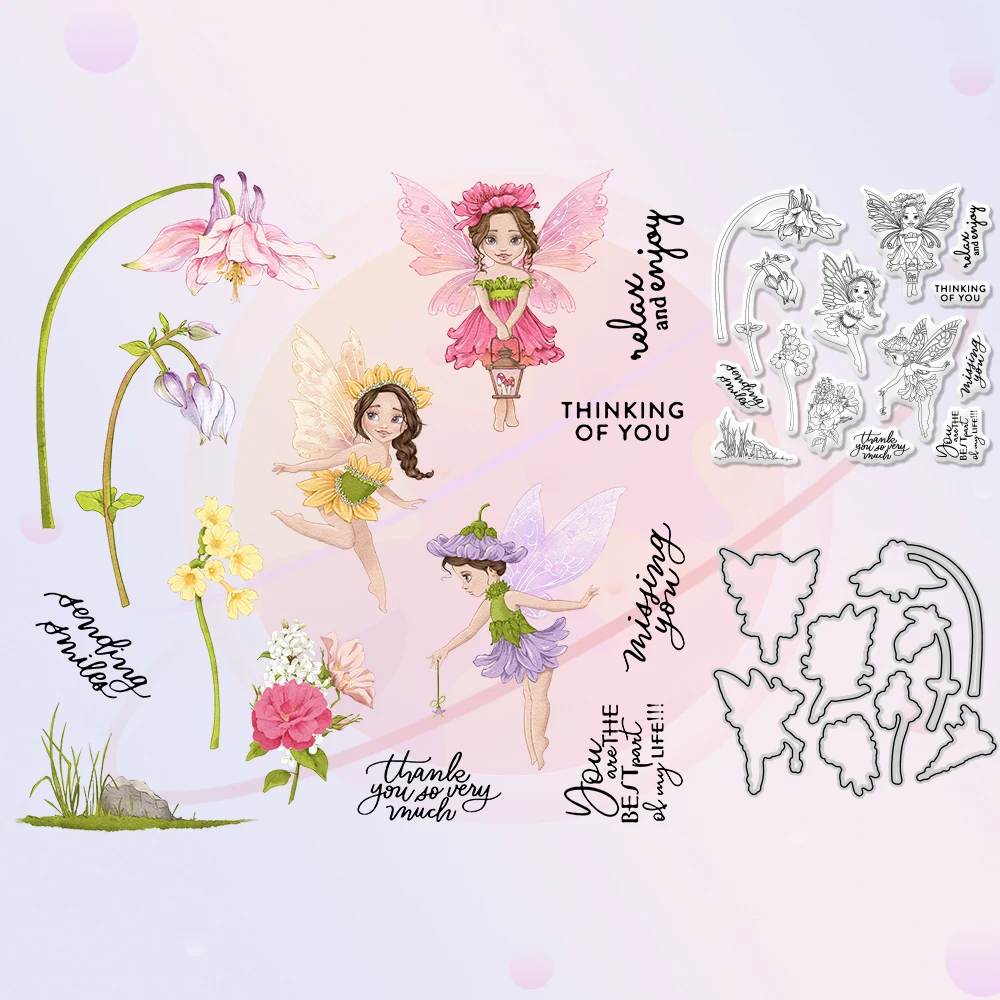 

Flower Fairy Cutting Dies Clear Stamp Set Spring Series Floral DIY Scrapbooking Stencils Decor Metal Dies Stamps For Card