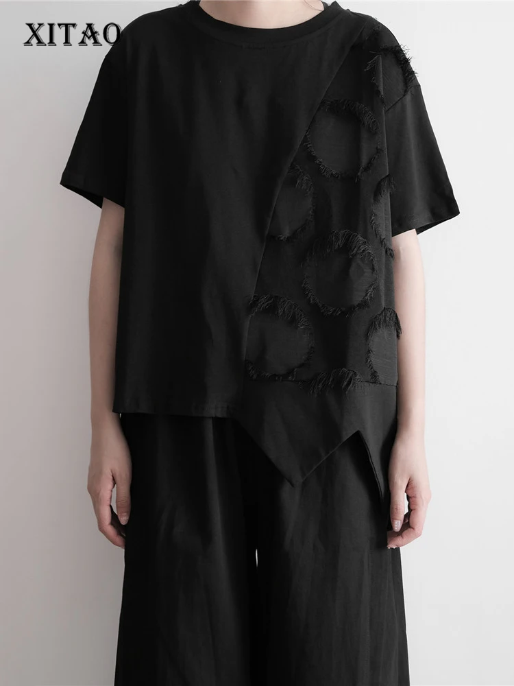 

XITAO Tassel Black T Shirt Fashion Pullover Half Sleeve Small Fresh 2022 Irregular Goddess Fan Casual Style Loose Tee ZY7747