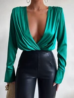 satin jumpsuit tops ruched low cut v neck shoulder pads bodycon long sleeve blouse spring fashion loose sexy bodysuits