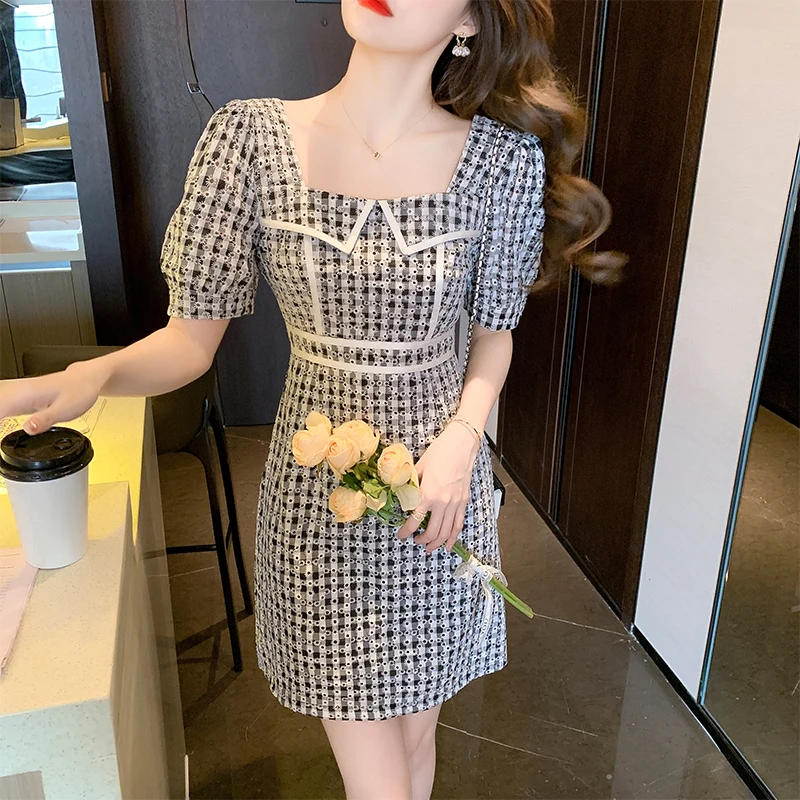 

Платье-трапеция женское приталенное, французское ретро платье с цветочным принтом, тренд голубого цвета, весна 2021