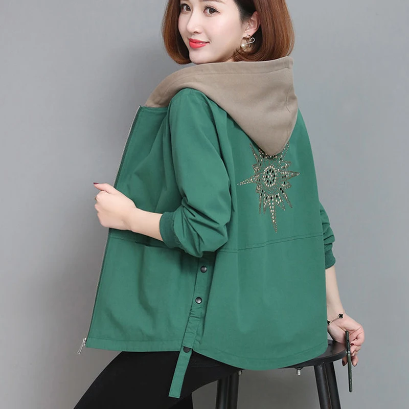 Rimocy 2023 Spring Autumn Green Loose Jacket Women Casual Pocket Long Sleeved Windbreaker Woman Zipper Up Hooded Coats Ladies