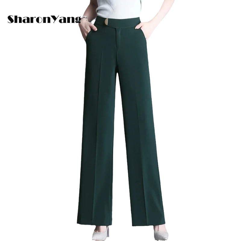 M-6XL Women Wide Leg Pants Spring Summer Office Wear Green Straight Pants Woman Vintage High Waist Female Trousers Mujer