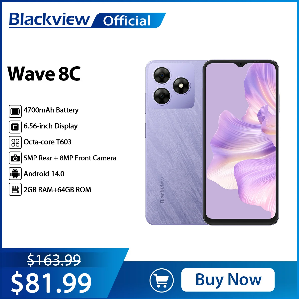 Смартфон Blackview Wave 8C 6 56-дюймовый HD + IPS-дисплей Octa Core T603 2 ГБ 64 аккумулятор 4700 мАч
