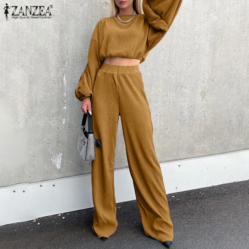 

ZANZEA Casual Pleated Blouses And Pants Spring Autumn Wide Leg Pant Suits Female Solid Maxi Tops Suit Women Fashion 2 Piece Sets