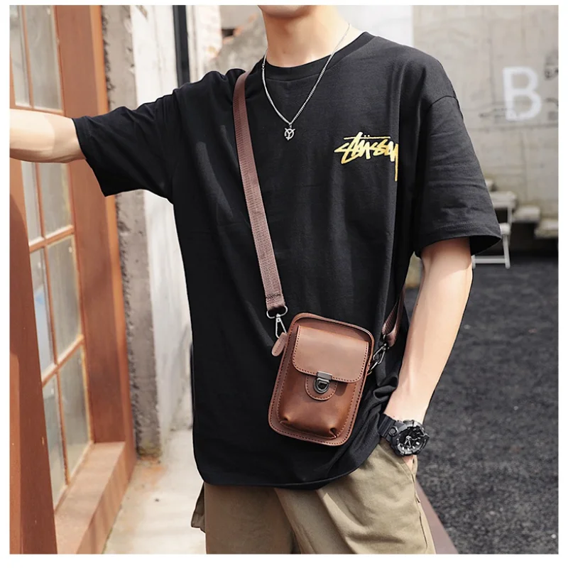 

Shoulder Men's Waist Small Phone Leather Bag Street Horse Bag Mobile Crazy Diagonal Vintage Trend Bag Bags