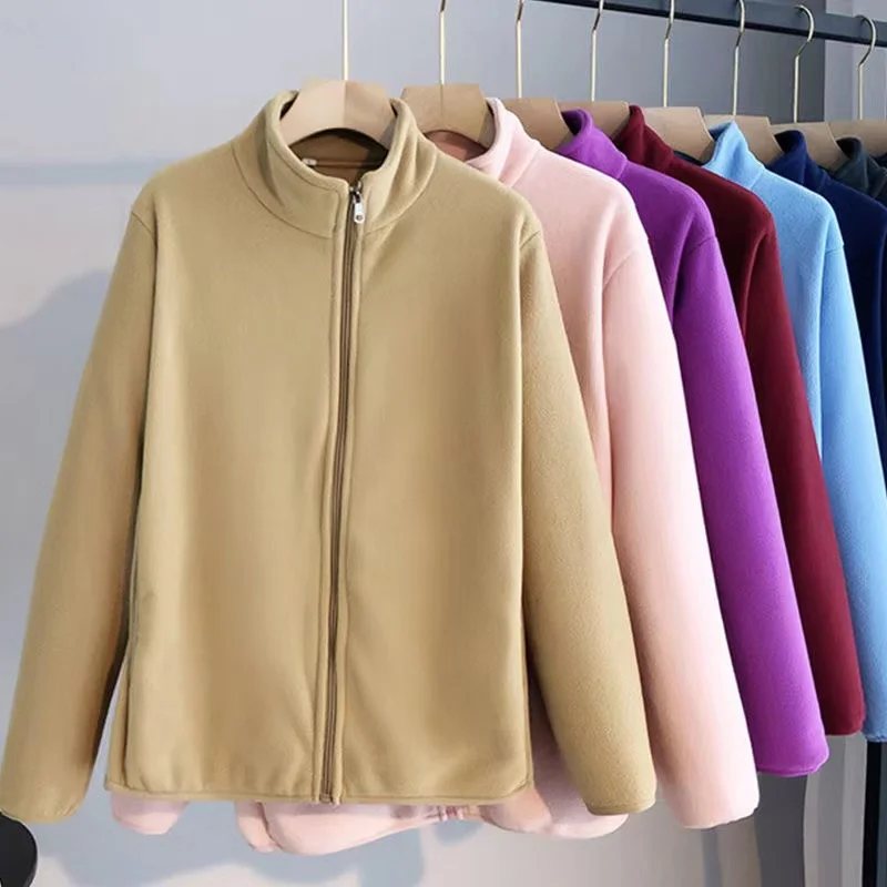

Simplicity Double Sided Fleece Coat Women's Autumn Winter New Stand Collar Pocket Zipper Cardigan Solid Color Warm Jacket