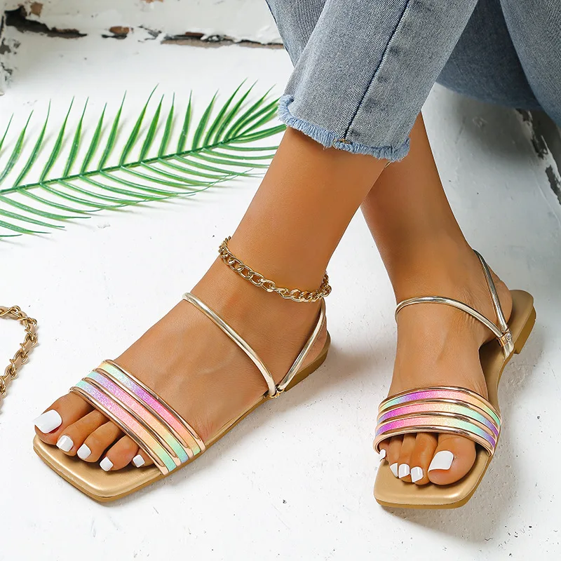 

Color Sandals Women Two Wear Beach Slides Square Head Bling Fashion Flats 2022 New Casual Large Size Outdoor Slippers Sandaleas