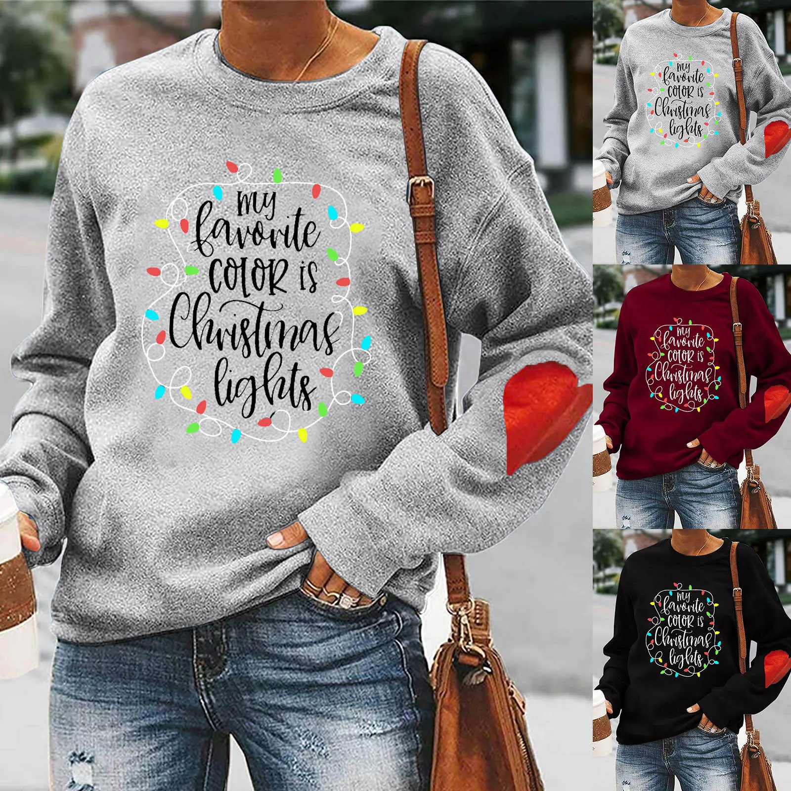 

Womens Sweatshirt Loose Casual Christmas Print Long-Sleeved Round Neck Heart Pattern Warm Fashion Sweatshirt Tops