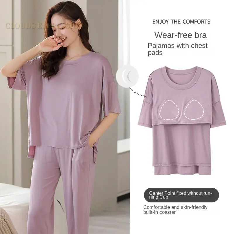 

Summer Nightwear Elegant Womens Pajama Sets Bust-Padded Inside Pyjamas Femme Sleepwear Female Loungewear Pijama Mujer Homewear