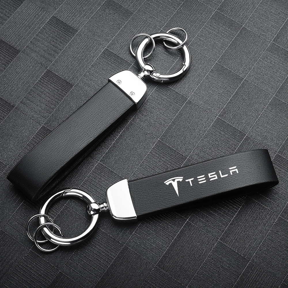 

1Pcs Car Styling Metal Leather Key Ring KeyChain Accessories For Tesla Model 3 Model S Model X Model Y Coil Roadster 2021 2022