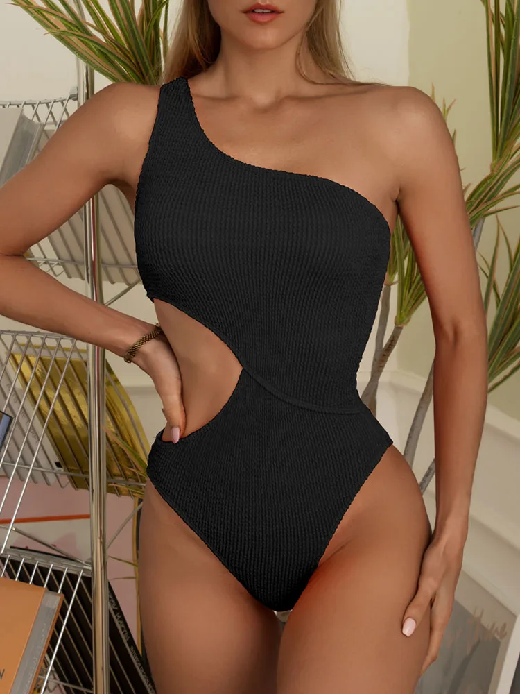 Sexy One Shoulder Swimsuits Female Cut Out Bodysuits Pink Green Monokini 2022 Wavy Fabric Swimwear New Bath Suits One Piece