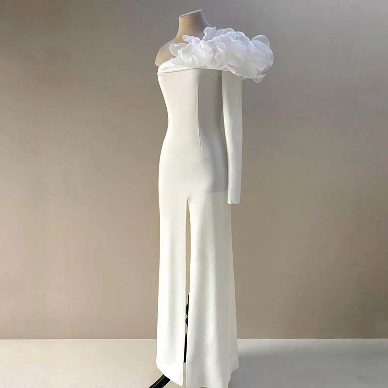 

Real Images Sheer Necklines One Shoulder Wedding Gowns Simple Hi Slit Mermaid Party Bridal Dresses White Forals Ruffles Dresses