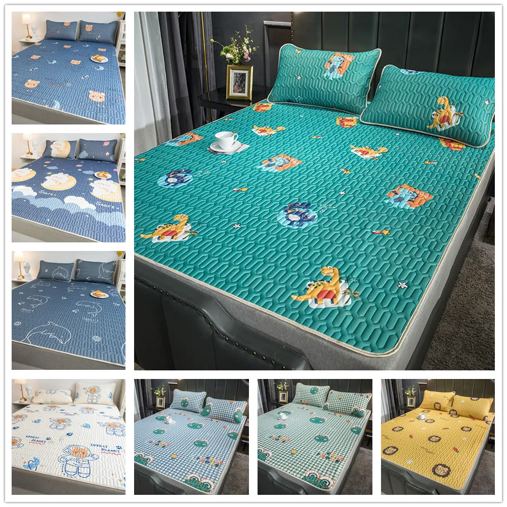 

Cartoon Dinosaur Summer Bed Mattress Cover Cool Silky Latex Bed Sheet Pillowcase Children Summer Sleeping Bed Mat Set Single Bed