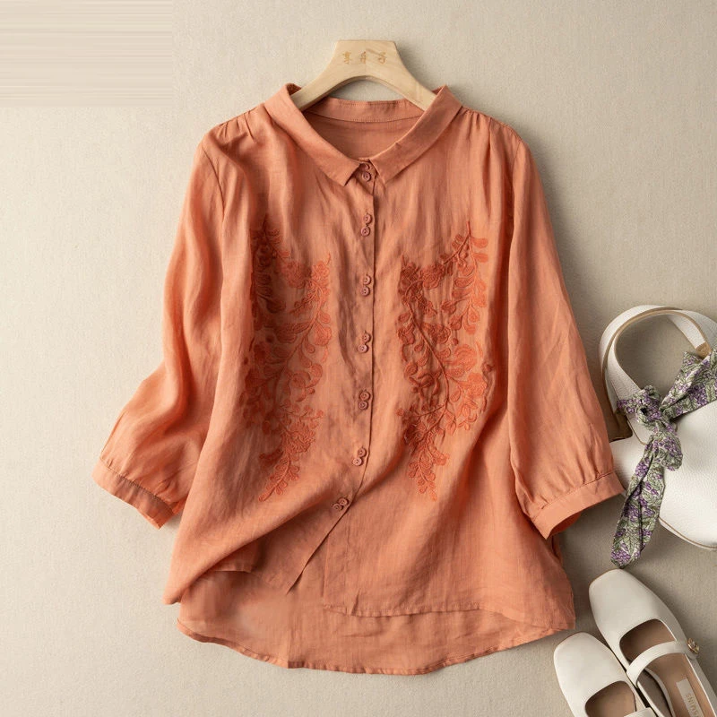 

2022 Spring Summer New Arts Style Women 3/4 Sleeve Turn-down Collar Loose Shirts Vintage Cotton Linen Embroidery blouse V933