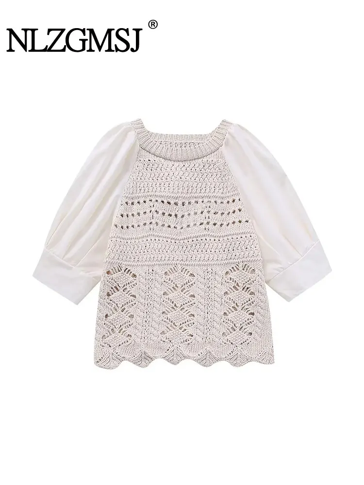 

Nlzgmsj TRAF French Hollow Out Knit Sweater Women 2023 Autumn O-Neck White Patchwork Pullover Knitwear Tops Ladies Jumpers