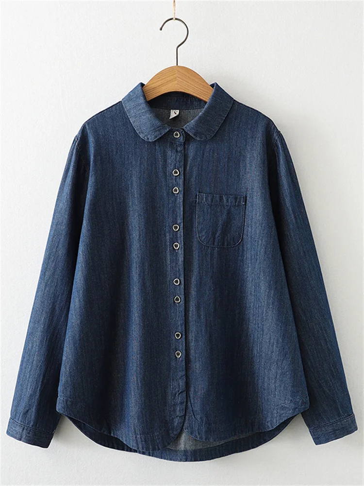 

Hsa 2023 Women Spring Denim Blouse and Tops Long Sleeve Dark Blue Jeans Chic Tops Fashion Streetwear Top Single-breasted Blouse