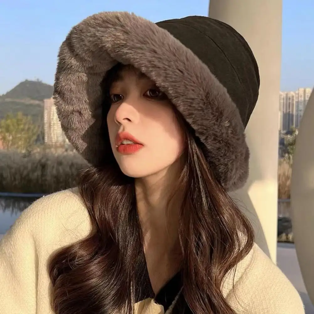 

Soft Plush Winter Bucket Hat Foldable Stylish Thickened Outdoor Warm Windproof Fisherman Hat for Women