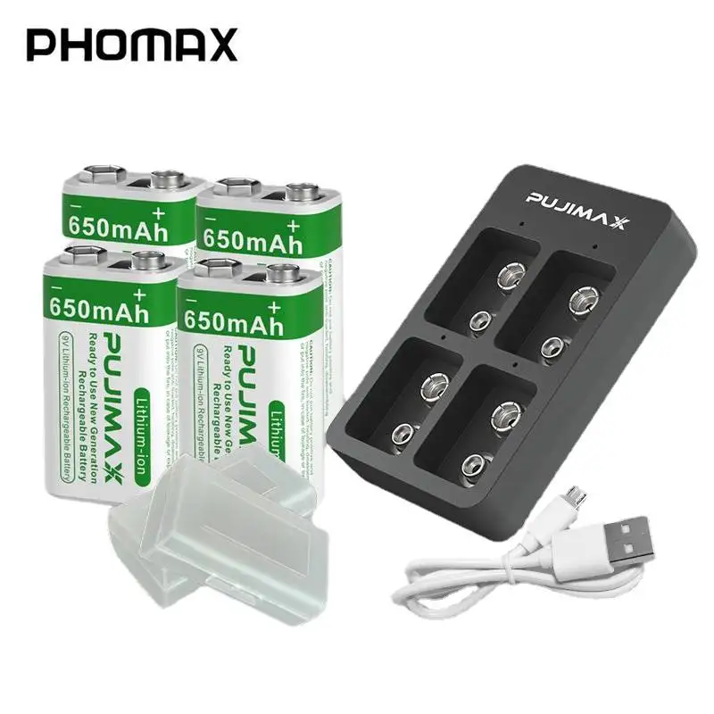 

PHOMAX 9V 650mAh Rechargeable Lithium-ion Battery with 4-slot 9V Battery Charger Smart Quickly Charging Trickle Charge When Full