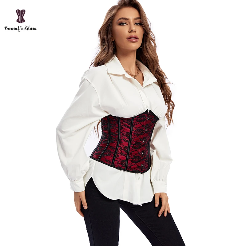 Front 29.5CM Red Floral Lace Waist Corsets Long Troso Cincher Shapers Underbust Korsett Woman Plus Size Outfit Shapewear 919#