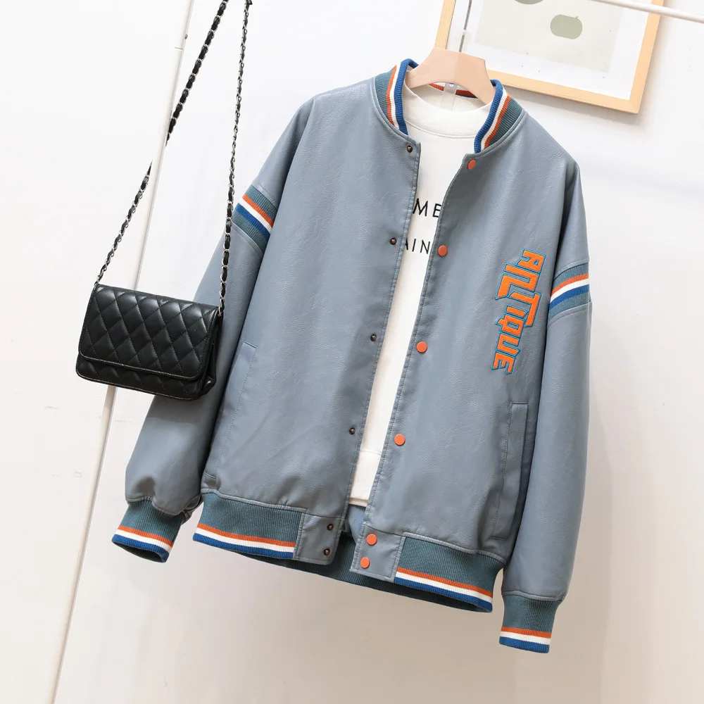 2023 autumn clothes new handsome loose version type couple's leather clothes women's baseball leather jacket tide coat