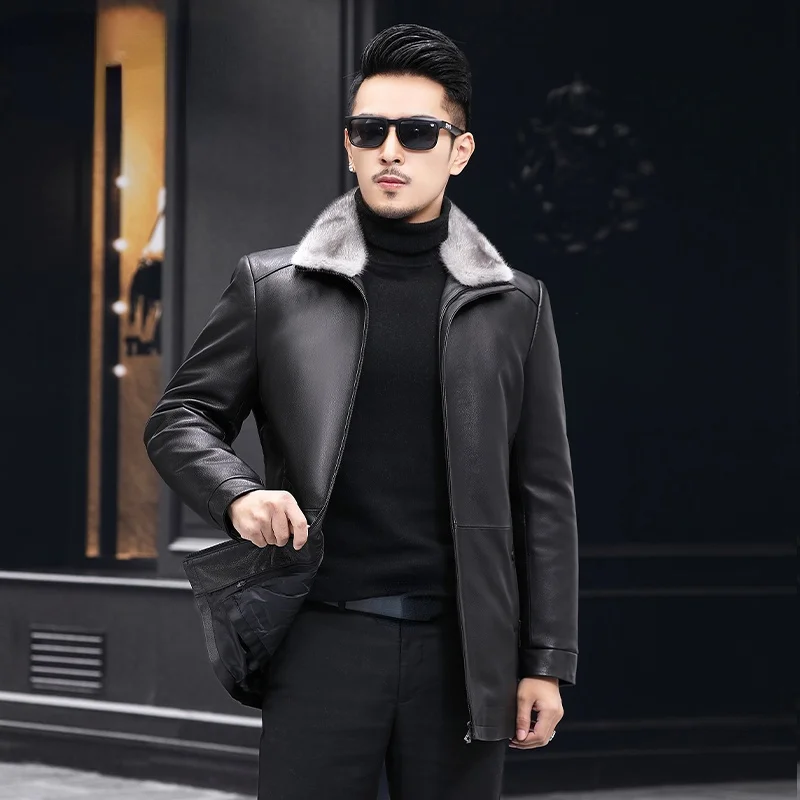 

Мужская теплая куртка из натуральной овечьей кожи, с меховым воротником