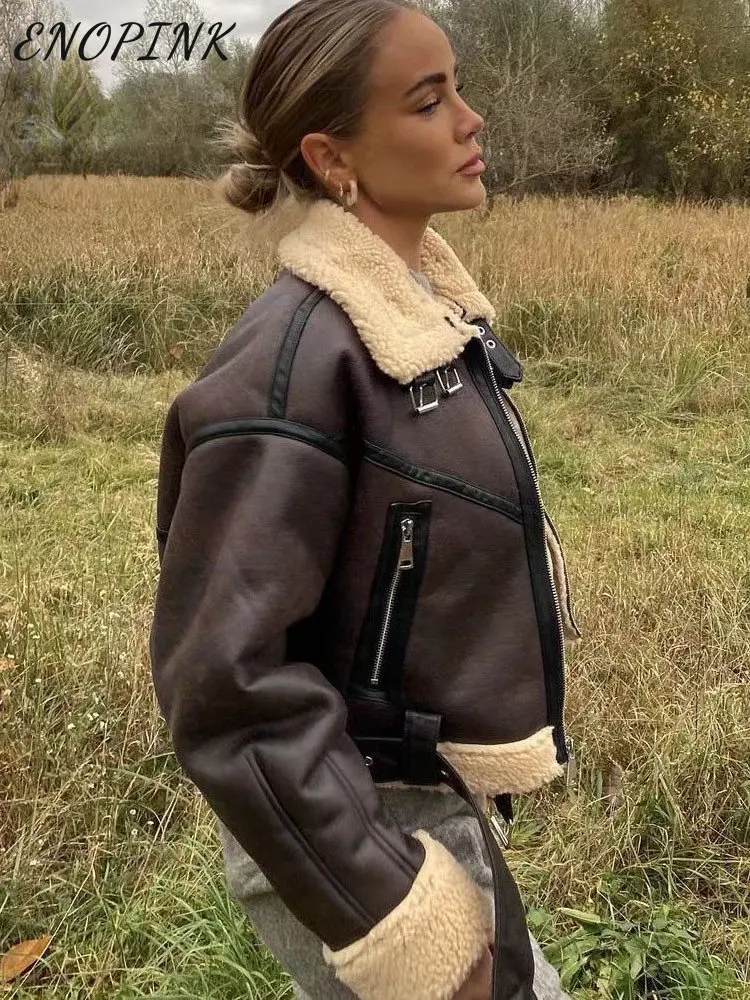 2022 Winter Warm Faux Shearling Jacket for Woman Vintage Leather Motorcycle Coat Suit Long Sleeve Belt Female Thick Outerwear