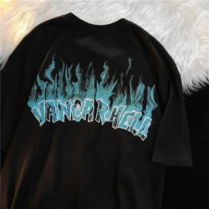 

Harajuku Gothic Street Tops Men T-shirt Tide Brand Flame Short-sleeved Loose Retro Couple Tops Oversized T Shirt Man Clothing