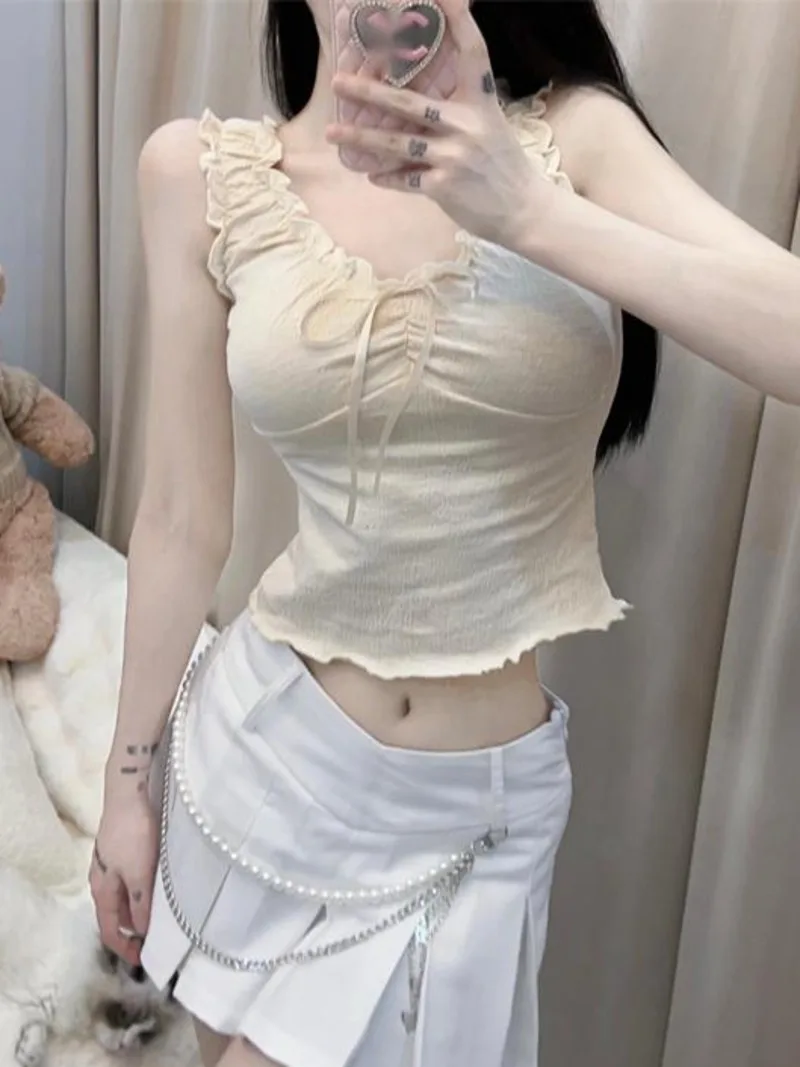 

Tank Tops Spring WOMENGAGA Slim Korean Style Lace Strap Gentle Apricot Short Tie Up Pleated Tank Top Workout Sweet PC1D