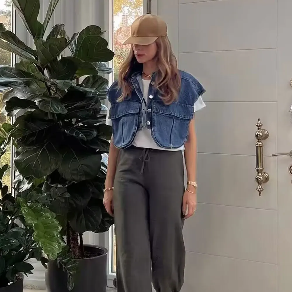 Женская Мода Однотонный Короткий Джинсовый Жилет DUOPERI Повседневный Топ С Двумя