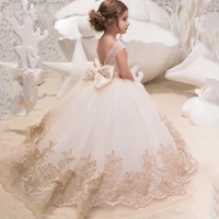 gold lace applique flower girl dresses backless bow girl pageant dress lace applique skirt first communion dress