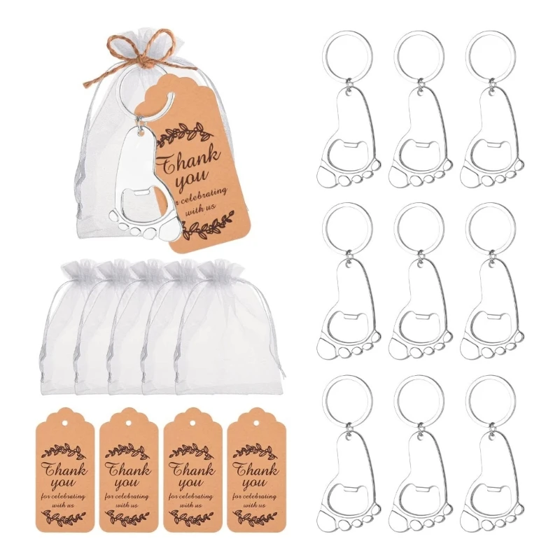 

10 Pcs Baby Footprint Shaped Keychain Bottle Opener with Organza Bags and Thank Tags Baby Shower Souvenir Party Favor
