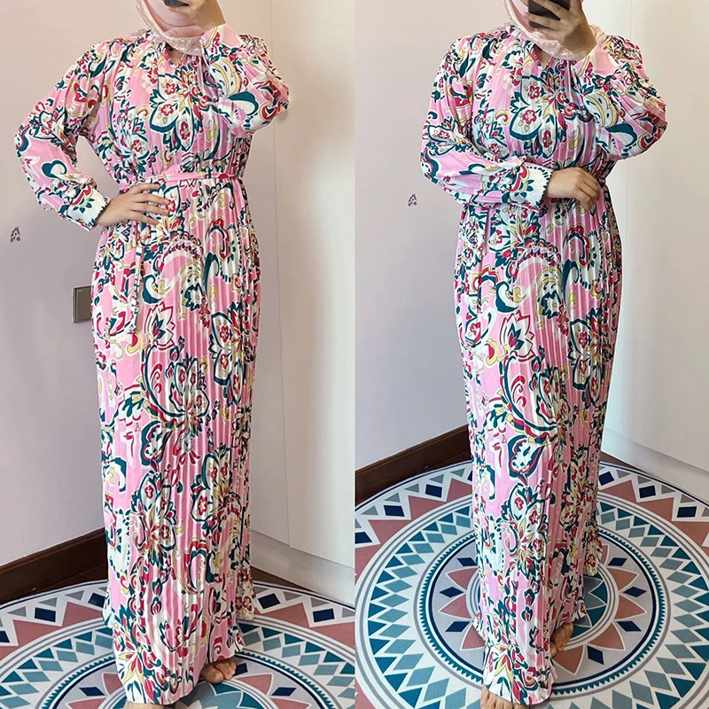 Women Printed Floral Abaya Dress Pleated Long Sleeves With Belt Middle East Dubai Turkey Evening Party For Muslim Hijab Dress