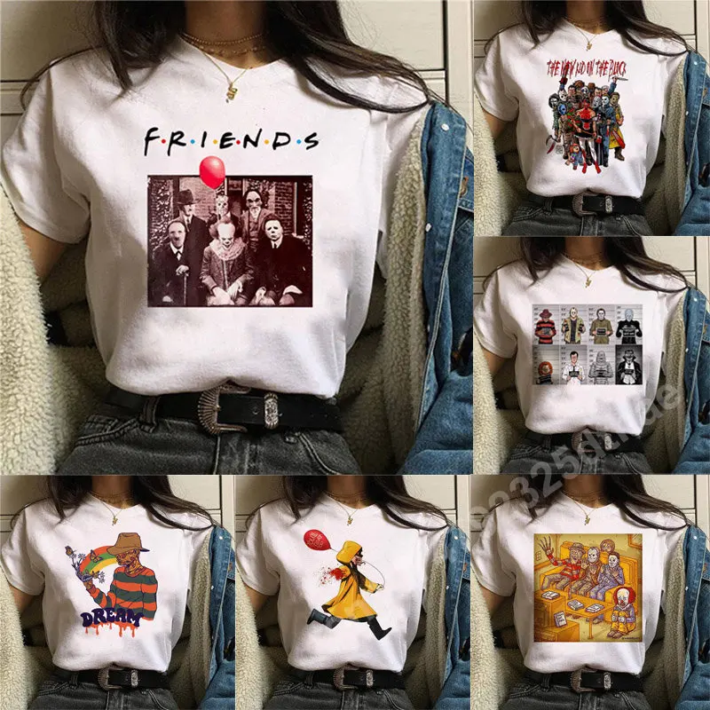 

Horror Friends Halloween Women T-Shirts Short Sleeve Summer Tops Ouija Female Clothing Casual Oversized Harajuku Lady Tees Shirt