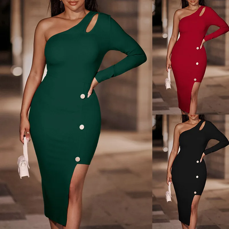 

Spring and summer 2023 New Women's Fashion Sexy Off Shoulder Solid Button Hip Dress