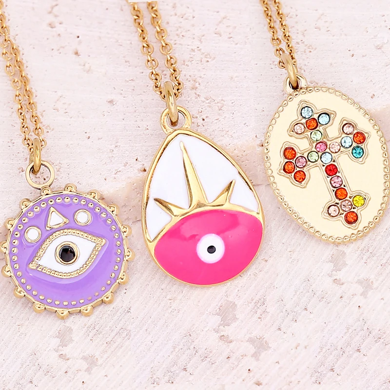 

Enamel Evil Eyes Pendant Necklace Cross Zircon Crystal Gold Stainless Steel Necklaces for Women Choker Fashion Luxury Jewelry