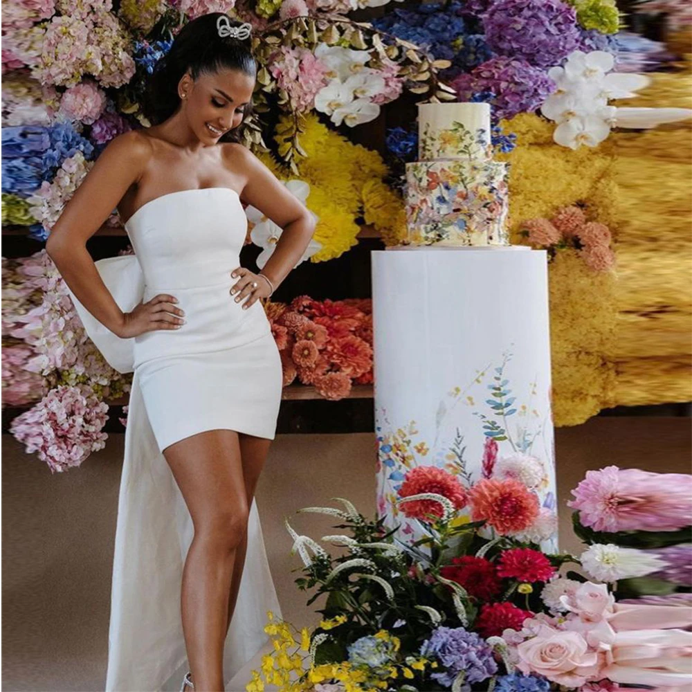 

Simple Strapless Cocktail Dresses White High Quality Satin with Big Bow Sleeveless Prom Gowns 2022 New Spring Vestidos De Coctel