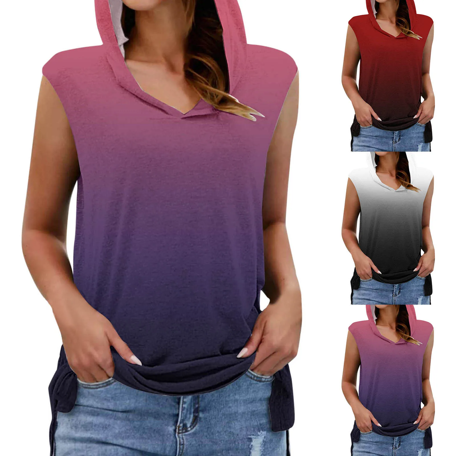 

Блузка женская без рукавов, модный однотонный топ с капюшоном и принтом, повседневный свободный базовый топ с Боковым Разрезом и шляпкой, Че...