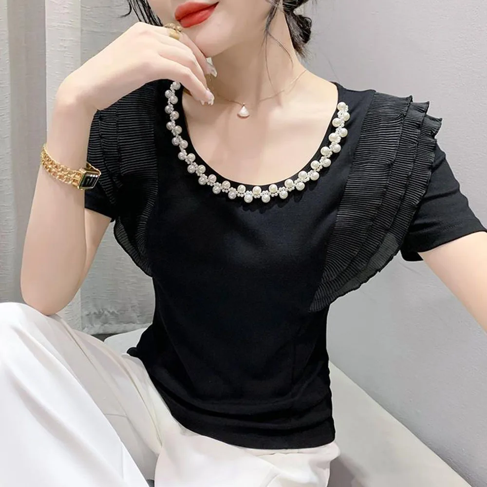 Женская летняя футболка с оборками и круглым вырезом жемчугом