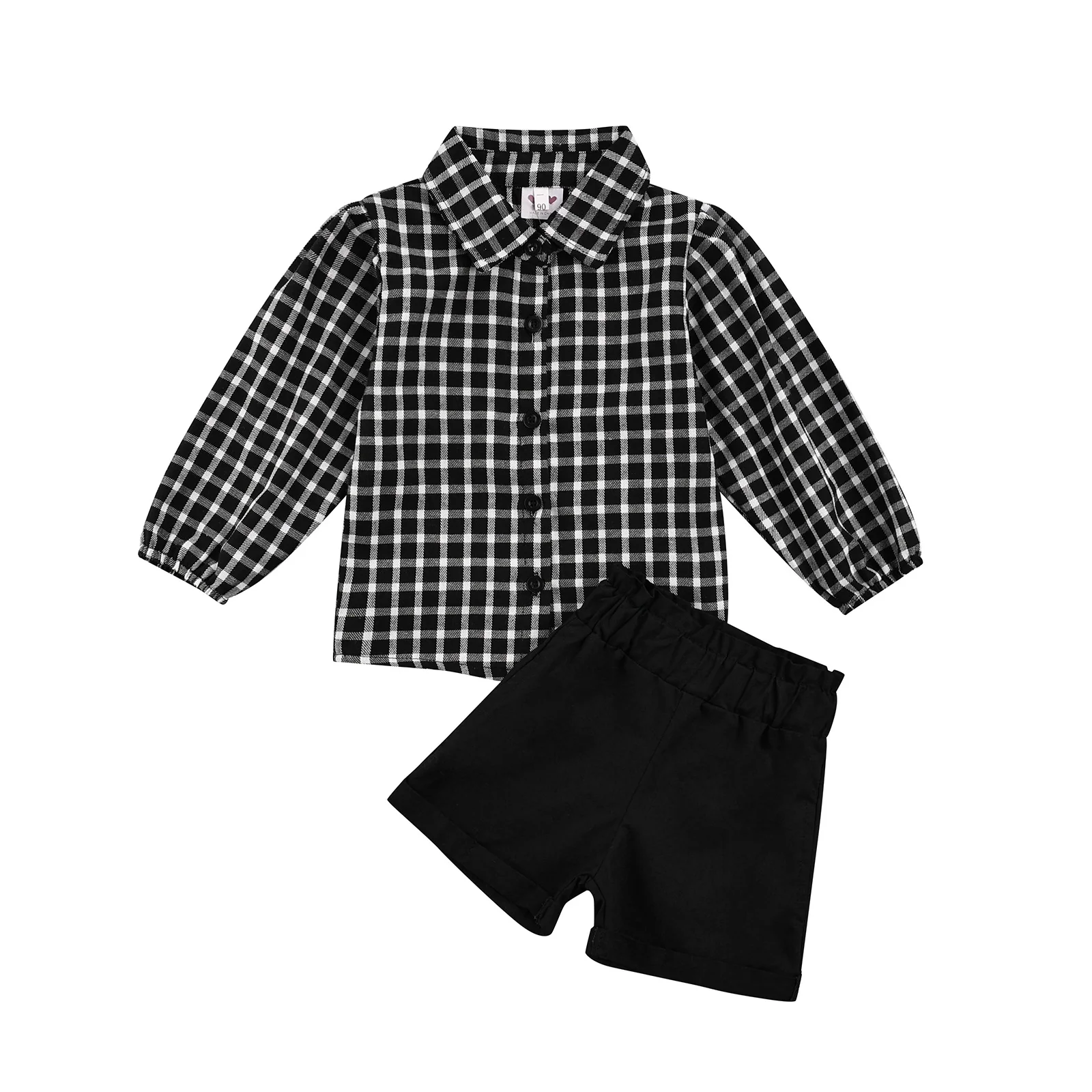 

2 Pcs Infant Casual Outfits, Girls Button-down Long Sleeve Lapel Plaid Shirt + Solid Color Shorts