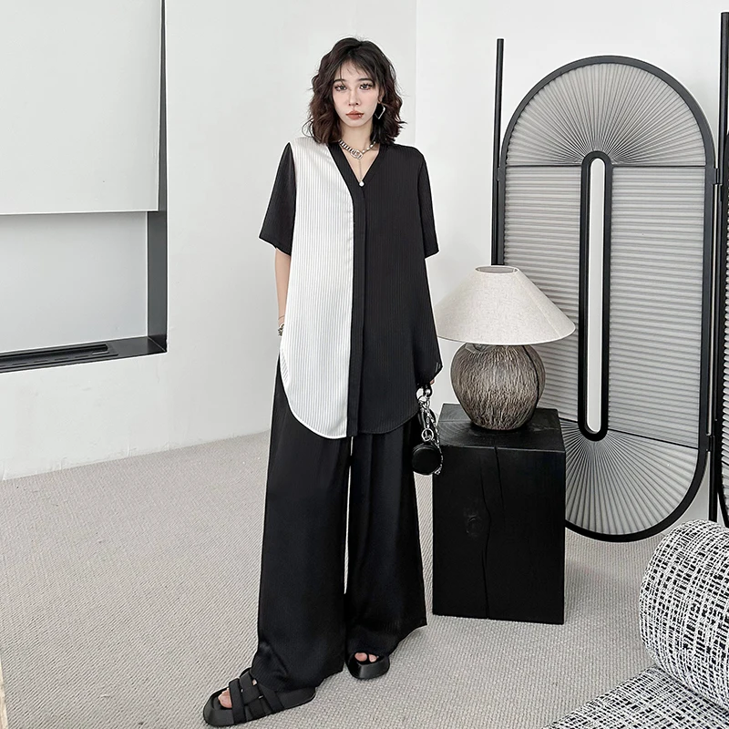 

SuperAen Fashion 2023 Spring Summer New Casual Korean Style Contrast Color Splice Top Pants Two Piece Sets