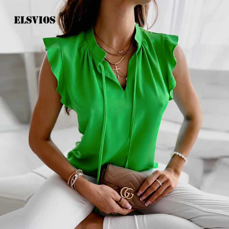 

Summer 2022 Elegant Ruffles Drawstring Women V-neck Short Sleeve Shirts Fashion Solid Color Lady Office Slim Blouses Casual Tops