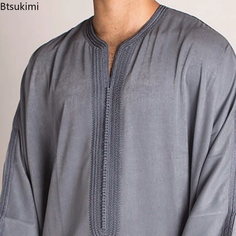 New 2023 Eid Ramadan Muslim Fashion V Neck Grey Robe Sets Abaya Men Ethnic Gown Modern Casual Loose Solid Color Islamic Clothing