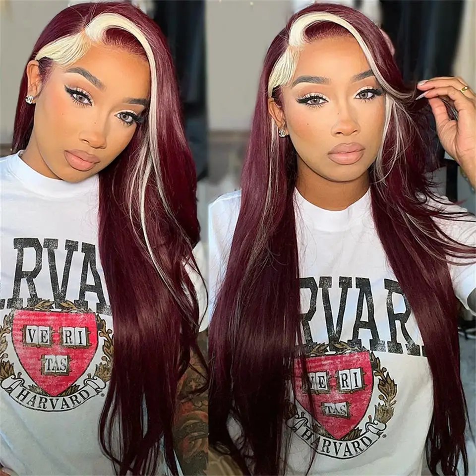 Burgundy 99j Red With 613 Blonde Stripe Lace Front Wig Pre Plucked 13x4 Lace Frontal Human Hair Highlight Wigs For Black Women