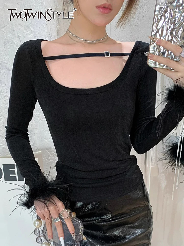 

TWOTWINSTYLE Solid Casual Slimming T Shirts For Women Square Collar Long Sleeve Patchwork Feathers Temperament T Shirt Female