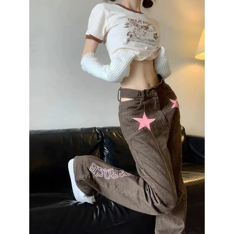 Retro Five Pointed Star Straight Women Jeans European and American Style Design Slim Fit Leg Length All Match Pants Casual Jeans